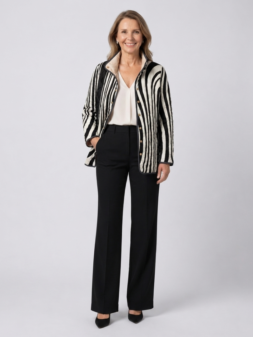 Striped Quilted Jacket for Women – Warm Lining, High Neckline in Black & White