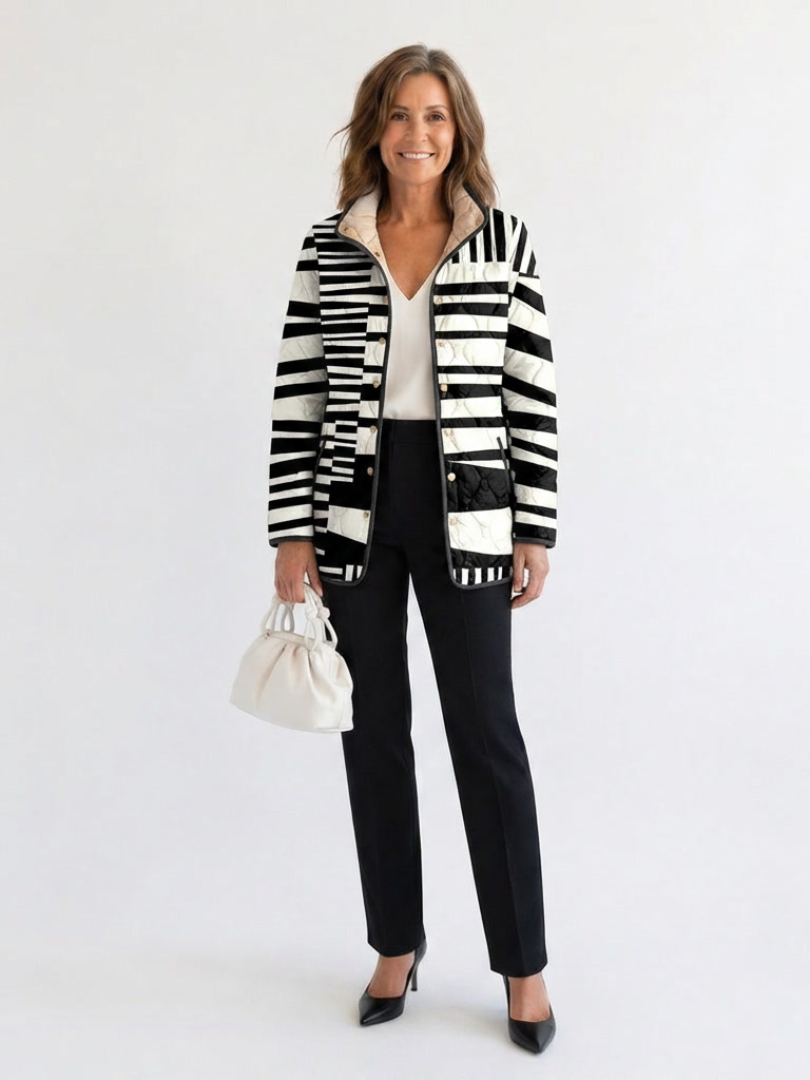 Striped Quilted Jacket for Women – Side Pockets, Warm Lining