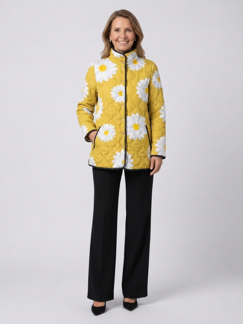 Quilted Floral Jacket for Women – All-Over Print, Warm Lining, High Neck in Yellow