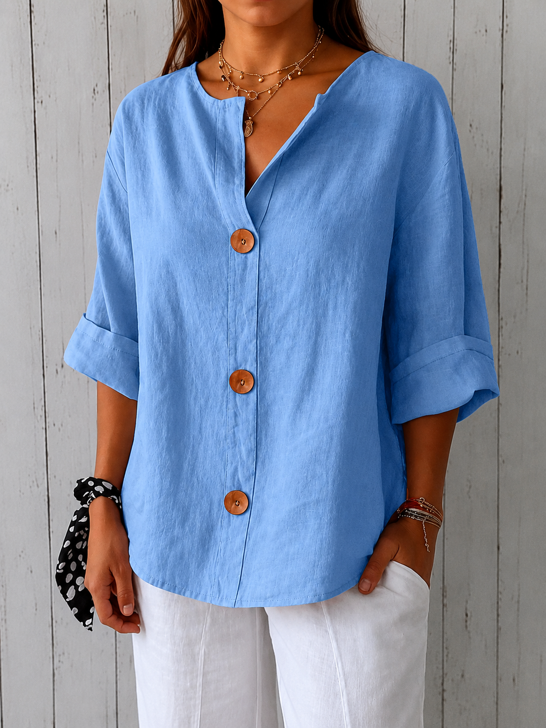 Ruffle Detail Blouse for Women – Breathable Lightweight Fabric, Neat Collar in Blue