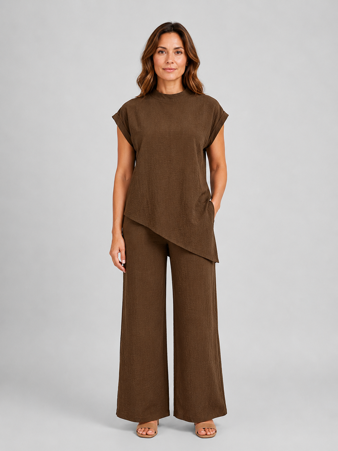 Asymmetric Wrap-Front Top and Wide-Leg Pants Set for Women – Tailored Waist, Two-Piece