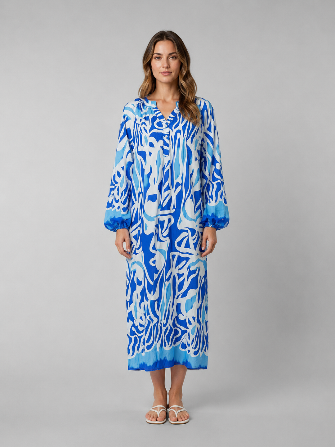 Notch V-Neck Printed Maxi Dress for Women – Button Front, Long Sleeves, Elastic Cuffs