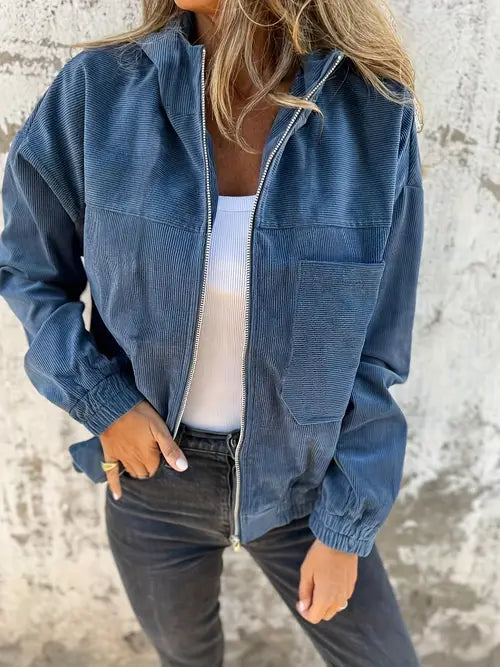 Ribbed Velvet Jacket for Women – Relaxed Fit, Side Pockets, Soft Finish