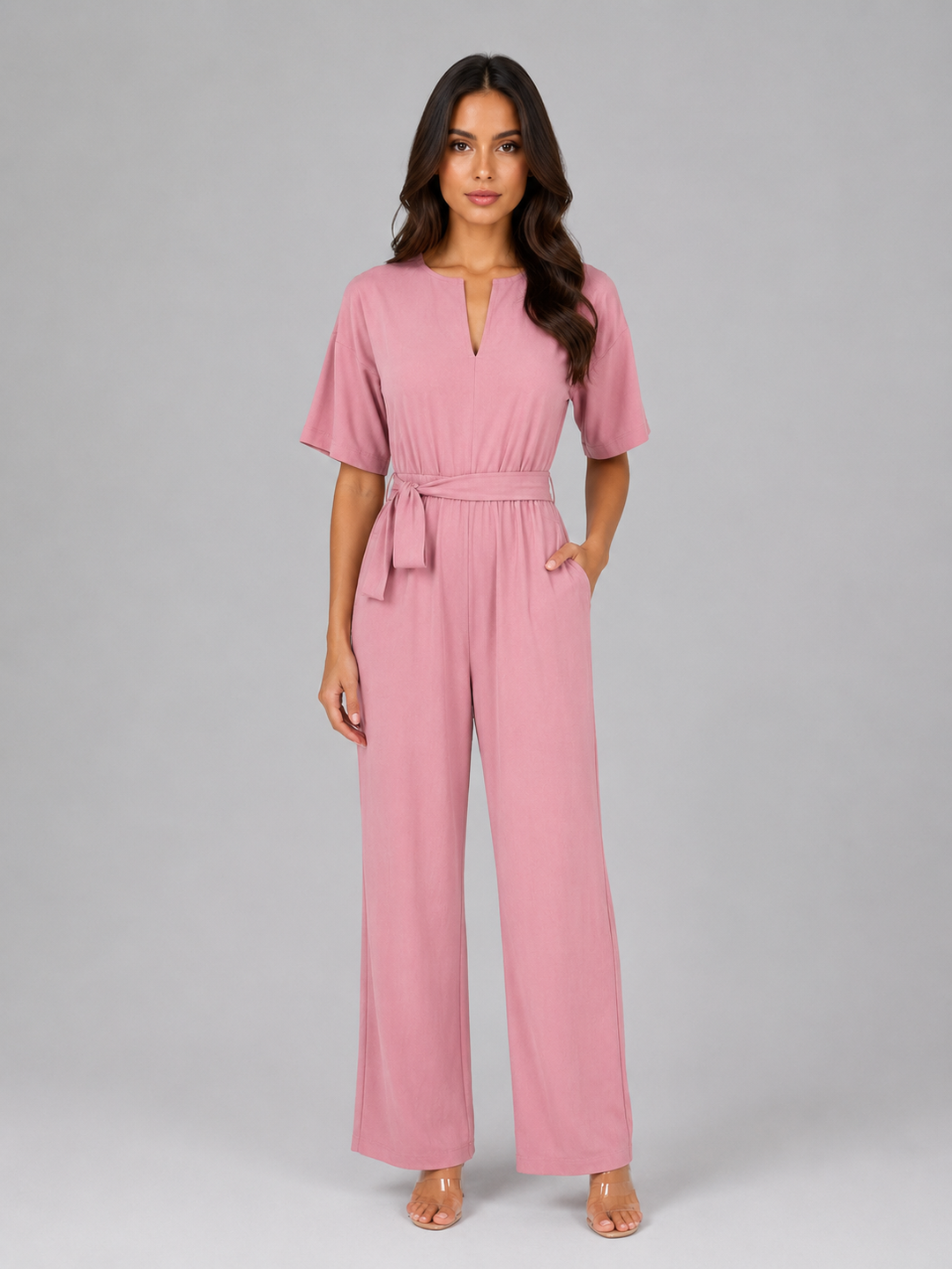 Short Sleeve Wide-Leg Jumpsuit for Women – Split Round Neckline, Self-Tie Waist Belt
