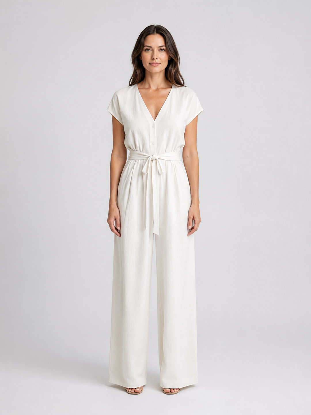 Wide-Leg Jumpsuit for Women – V-Neckline, Tie Waist, Short Sleeves, Side Pockets