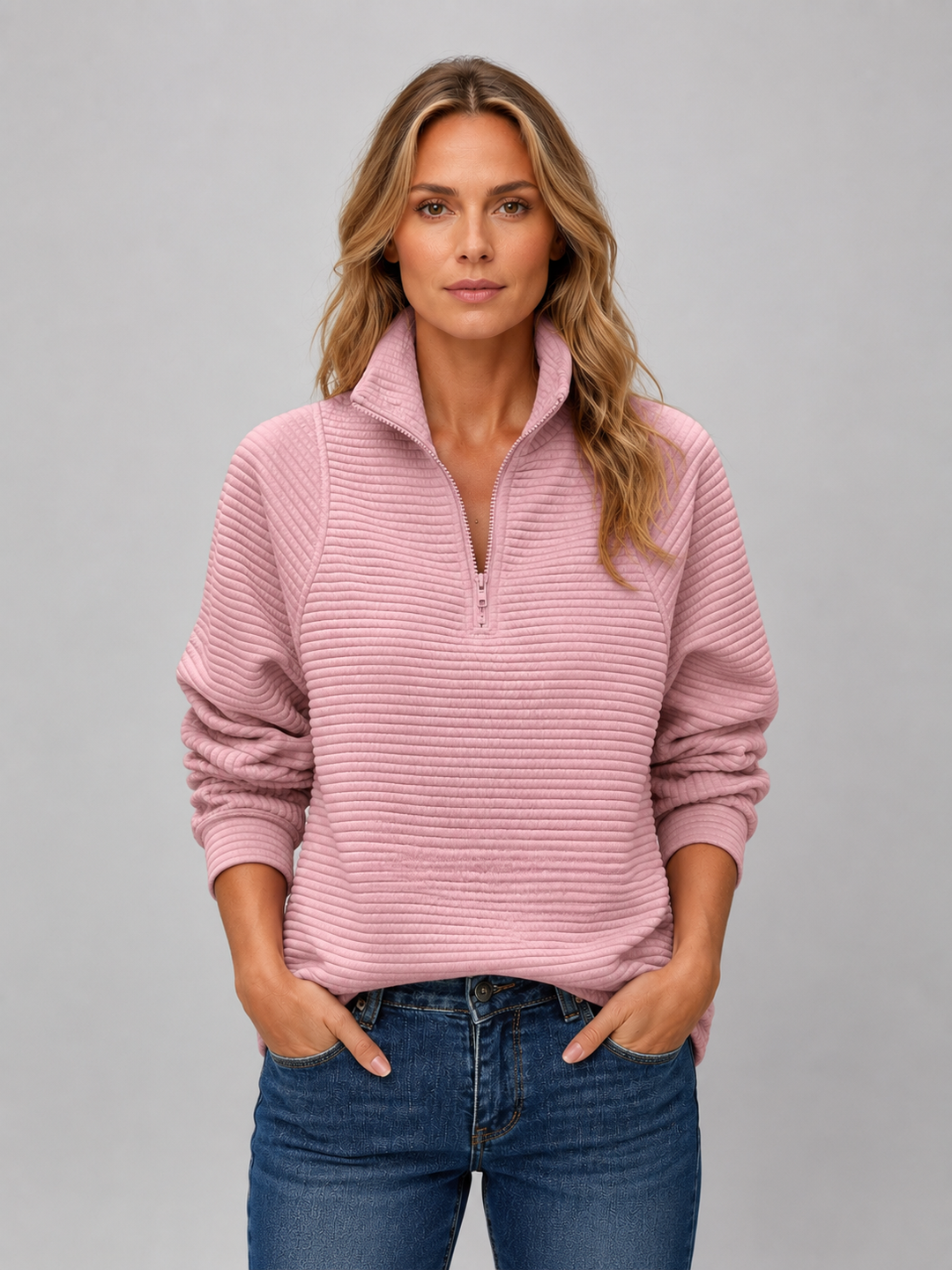 Ribbed Knit Half-Zip Sweater for Women – Zip Neck, Fitted Cuffs, Relaxed Fit