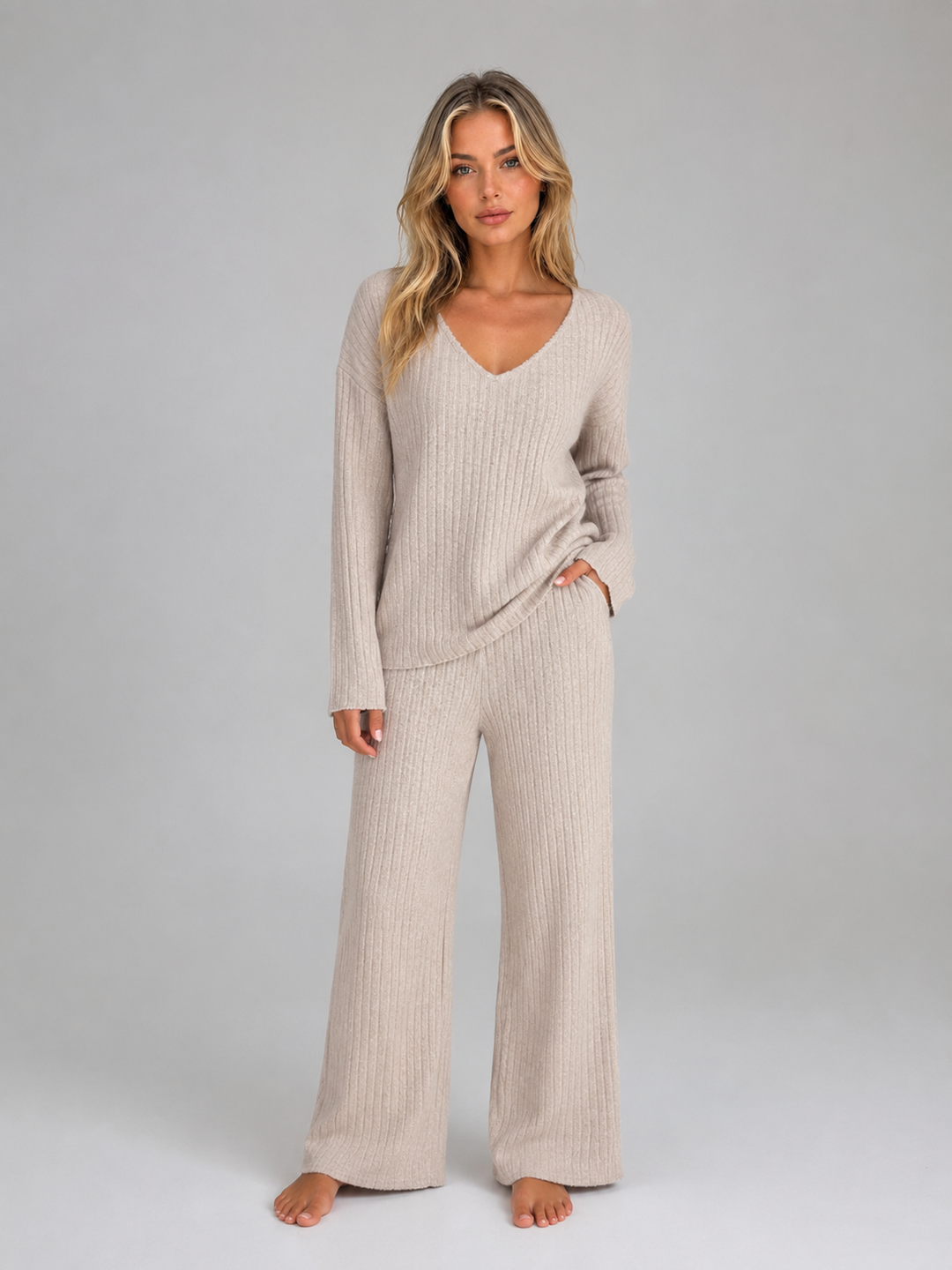 Ribbed Knit V-Neck Sweater and Wide-Leg Pants Set for Women – Soft Stretch, Relaxed Fit
