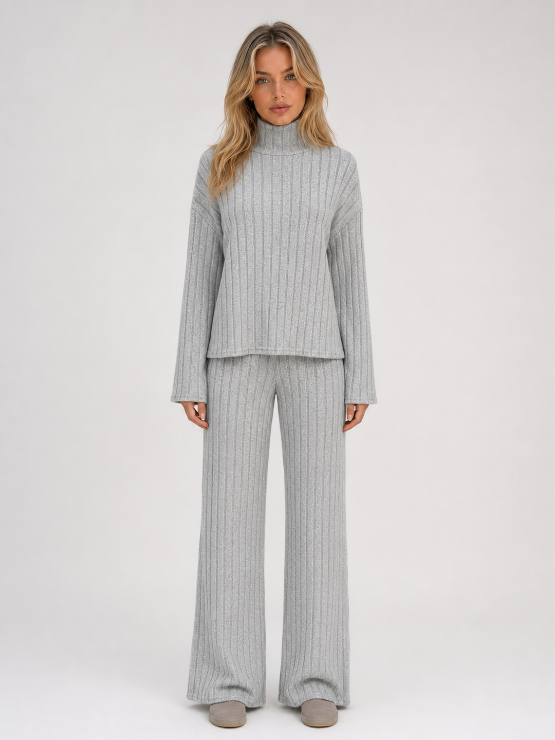 Ribbed Knit Roll Neck Sweater and Wide-Leg Pants Set for Women – Stretch Fabric, Elastic Waist