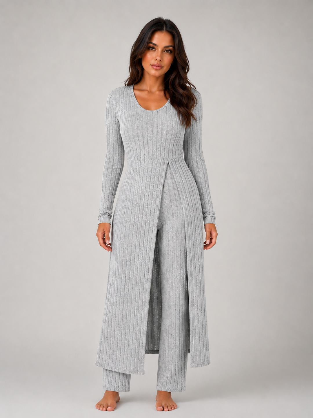Ribbed Stretch Lounge Set for Women – Long Sleeve Longline Top, High-Waisted Leggings