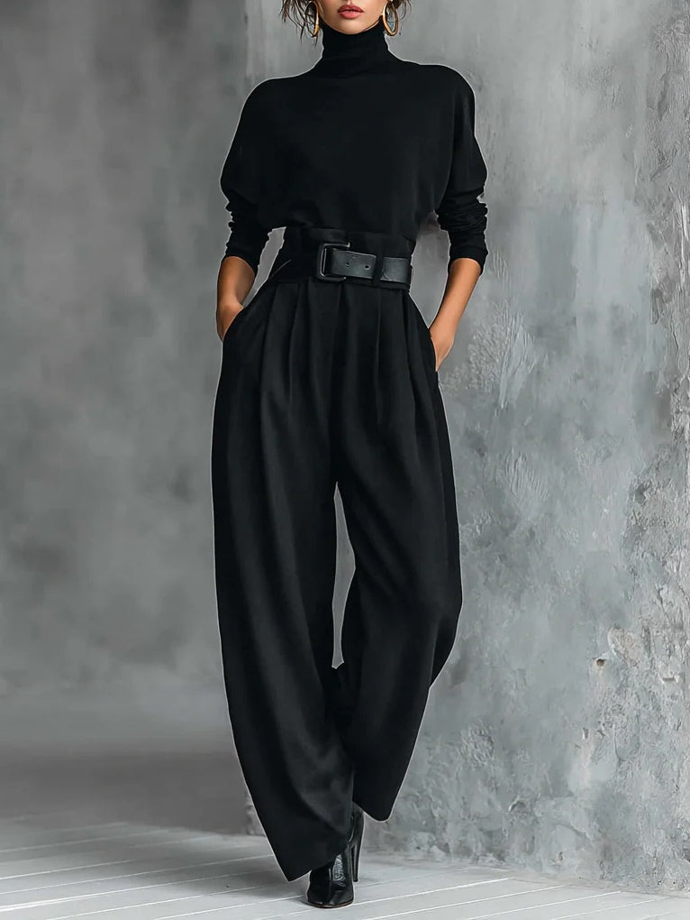 Roll Neck Collar Two-Piece Set for Women – Coordinated Pieces, Relaxed Fit