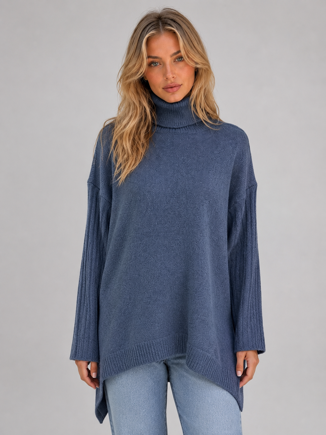 Longline Roll Neck Sweater for Women – Oversized Fit, High-Low Hem, Ribbed Sleeves