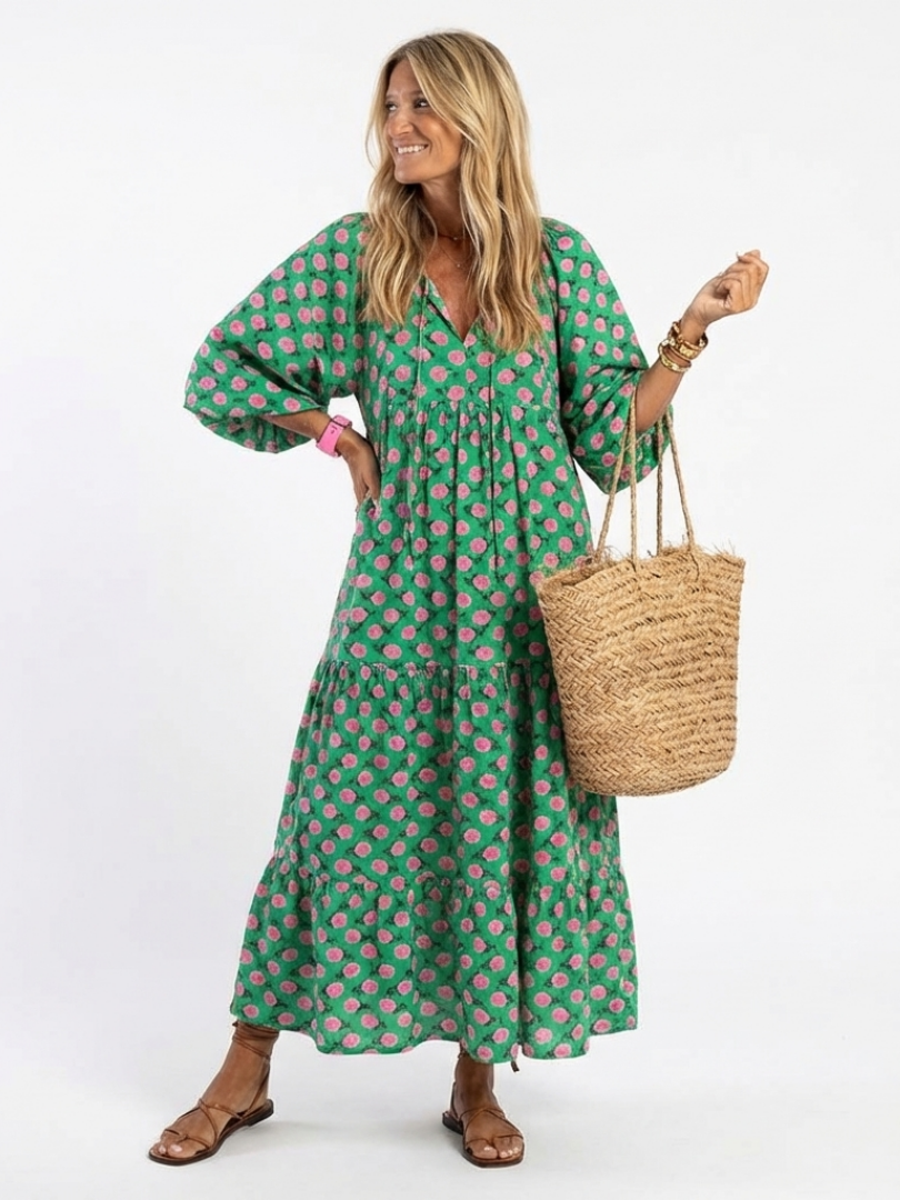 Ruffled Floral Midi Dress for Women – All-Over Print, Relaxed Fit in Dark Green