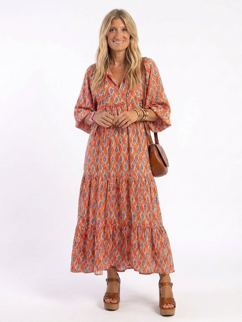 Ruffled Printed Midi Dress for Women – Relaxed Fit, Timeless Shape in Beige