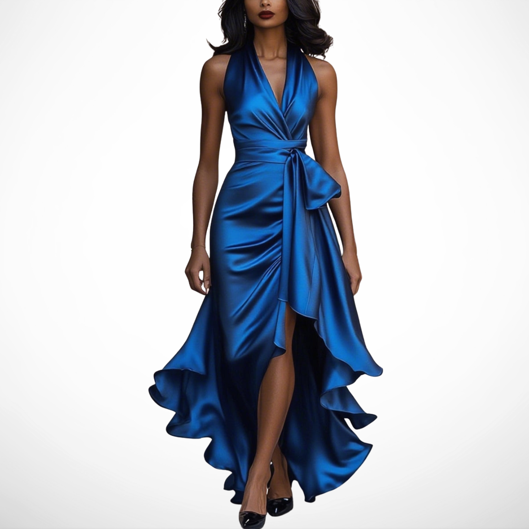 Satin-Look Wrap Dress for Women – Asymmetric Hem, Smooth Finish