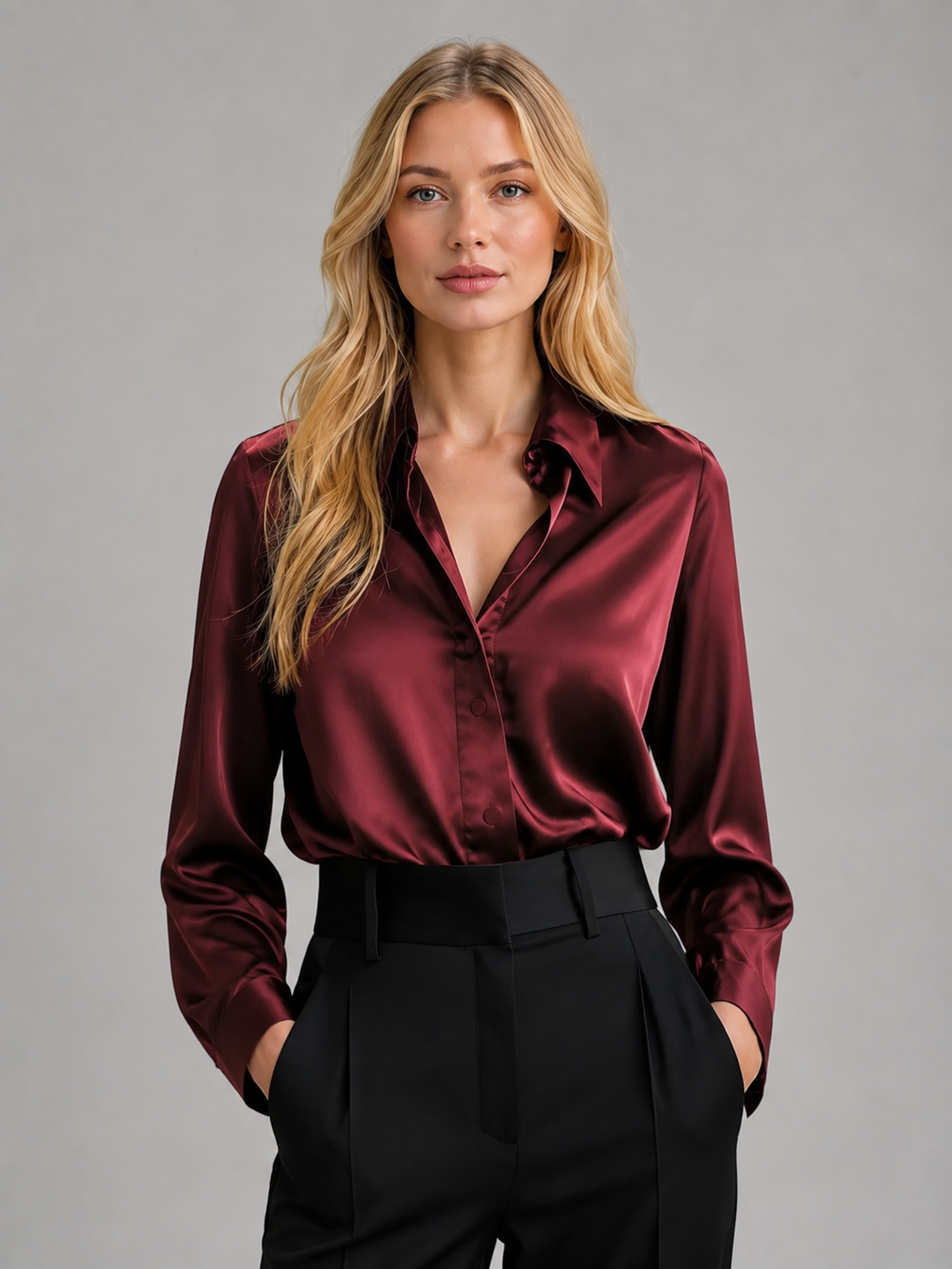 Satin-Feel Collared Blouse for Women – Concealed Button Front, Long Sleeves, Relaxed Fit
