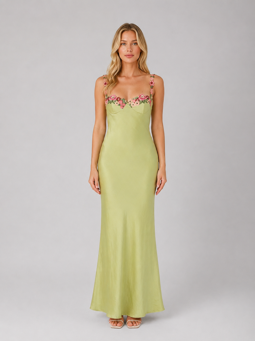 Satin-Feel Embroidered Maxi Dress for Women – Slim Fit, Floral Neckline Detail in Green