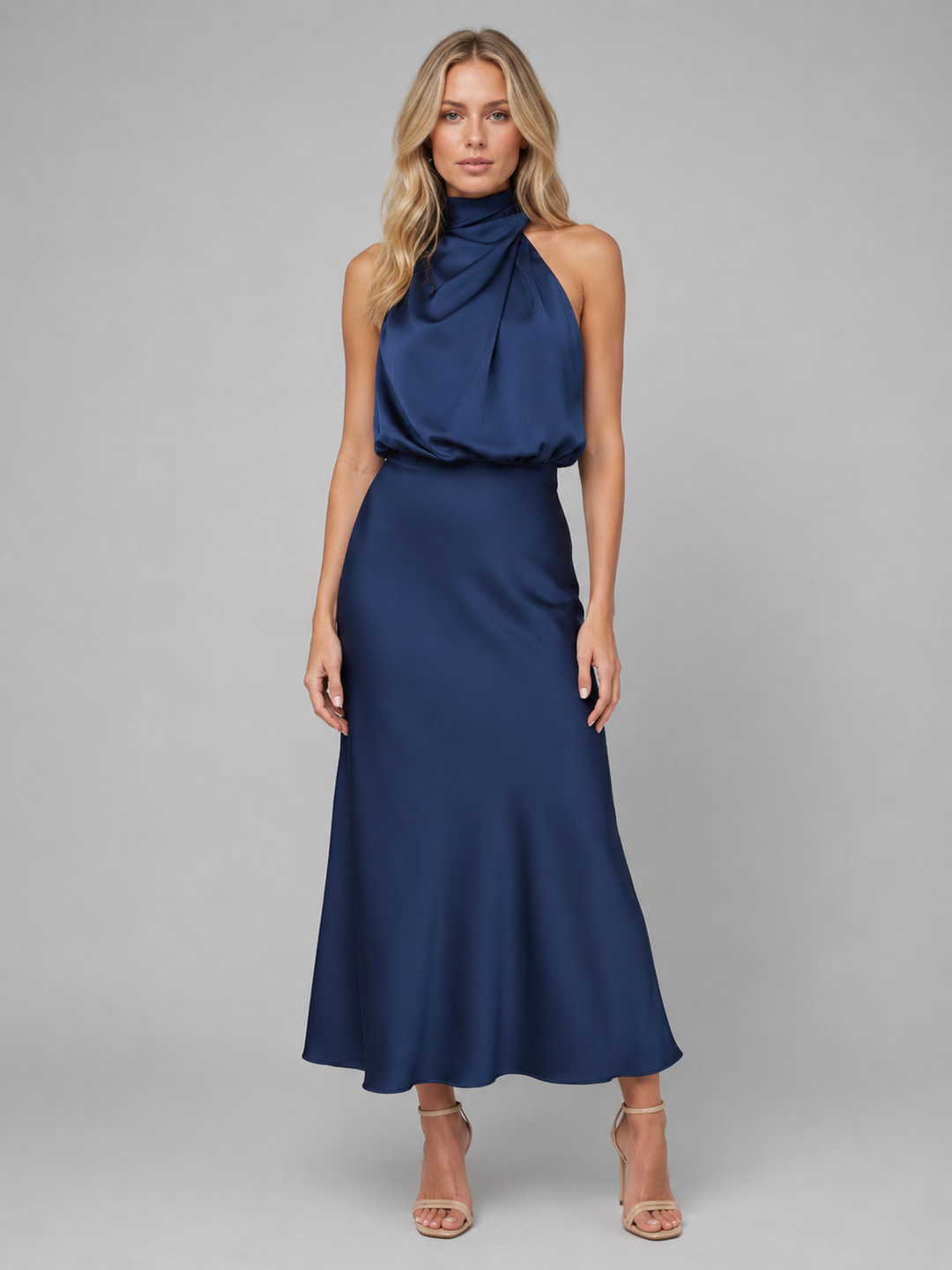 Satin-Finish High Neck Midi Dress for Women – Sleeveless, Draped Bodice Detail