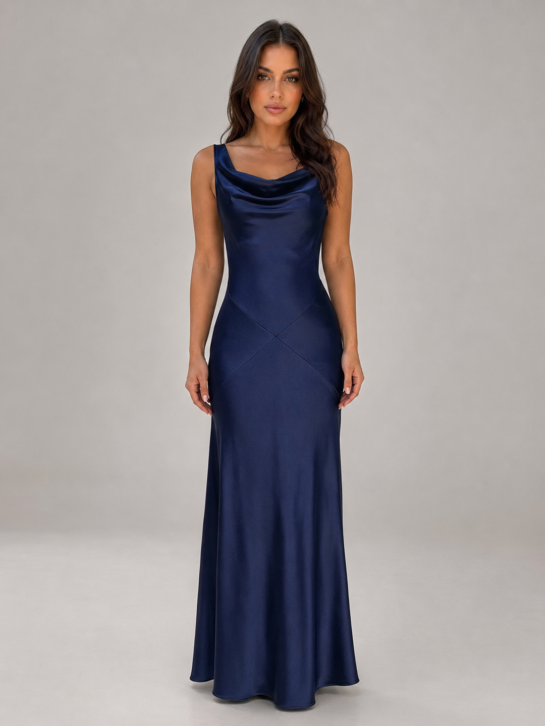 Cowl Neck Open Back Maxi Dress for Women – Fitted Seam Detail, Full Length in Navy