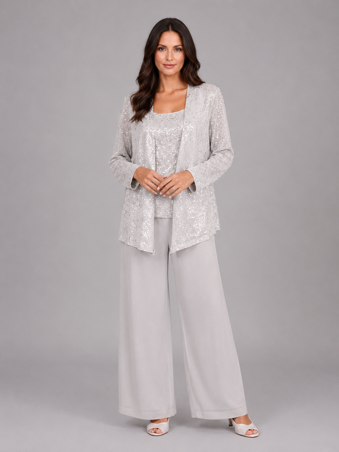 Sequin Three-Piece Set for Women – Open-Front Jacket, Square Neck Top, Wide-Leg Pants