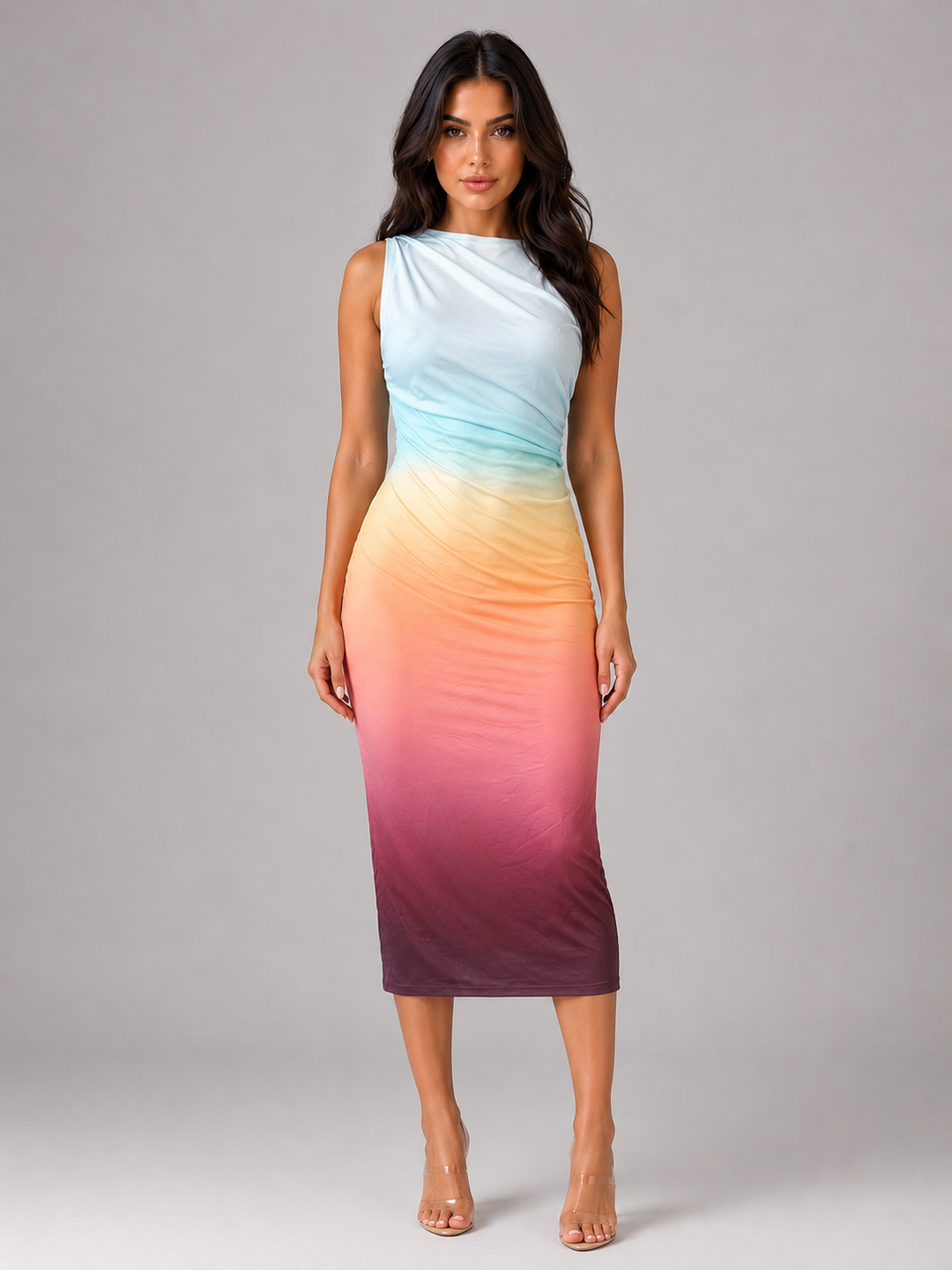 Ombre Print Bodycon Midi Dress for Women – Sleeveless, Back Cut-Out, Diagonal Ruching in Rainbow