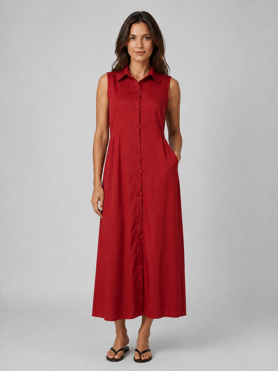 Collared Sleeveless Maxi Shirt Dress for Women – Full Button Front, Side Pockets