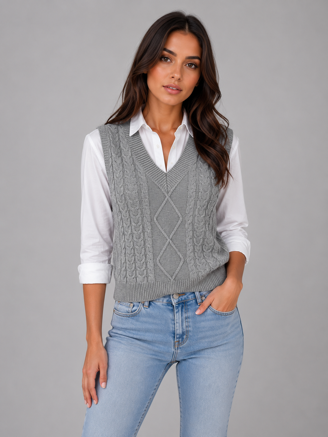 Cable Knit V-Neck Sweater Vest for Women – Sleeveless, Stretch Knit, Relaxed Fit