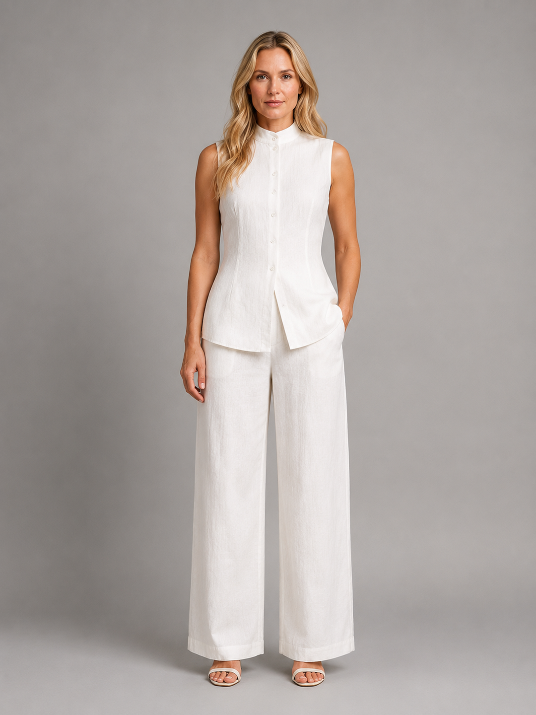 High Neck Button-Front Top and Wide-Leg Pants Set for Women – Sleeveless, Layered Hem