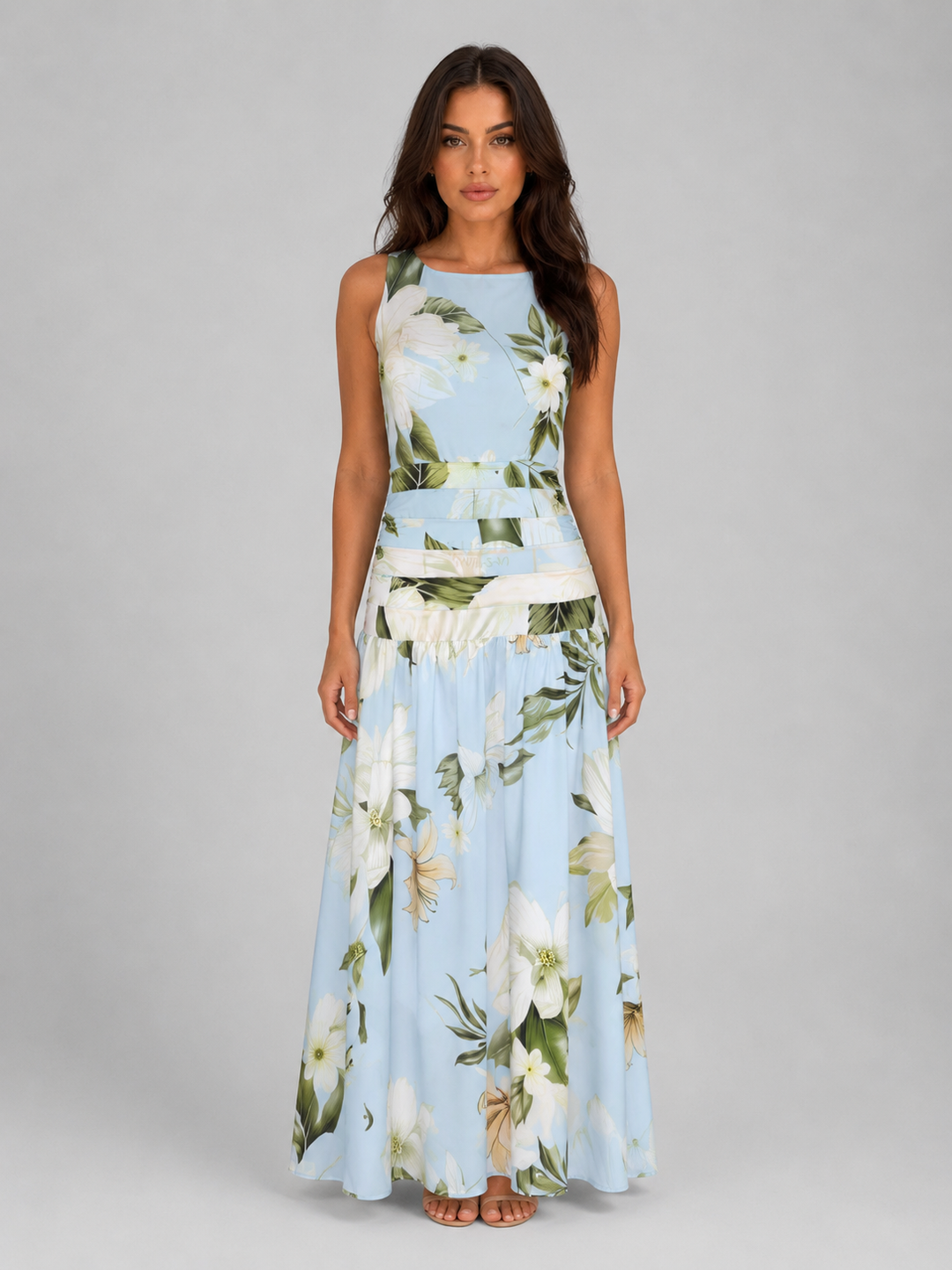 Sleeveless Boat Neck Floral Maxi Dress for Women – High Defined Waist, A-Line Skirt
