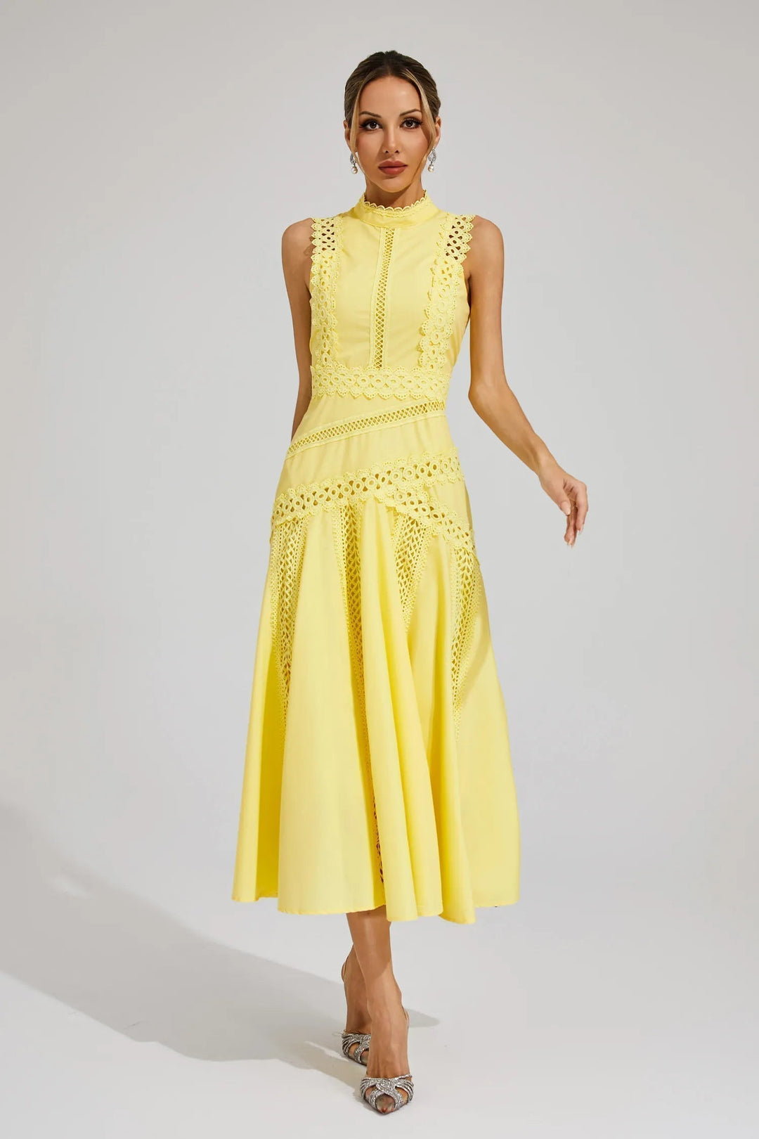 Sleeveless Lace-Inspired Midi Dress for Women – Structured Fit, Delicate Lace Detail