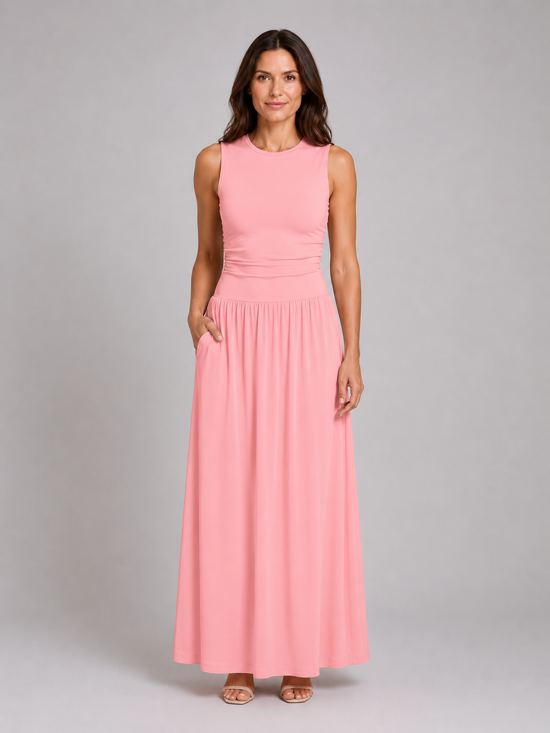 Sleeveless Maxi Dress for Women – Ruched Waist, Round Neckline, Side Pockets