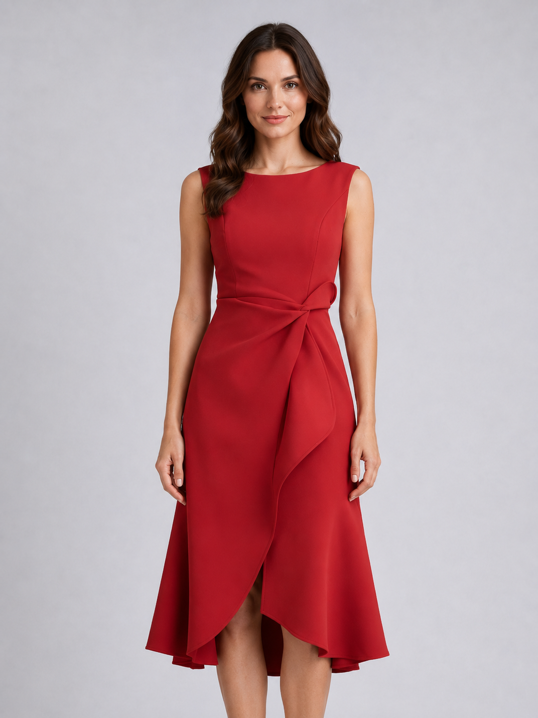 Sleeveless Pleated Midi Dress for Women – Bateau Neckline, Asymmetric Wrap Skirt