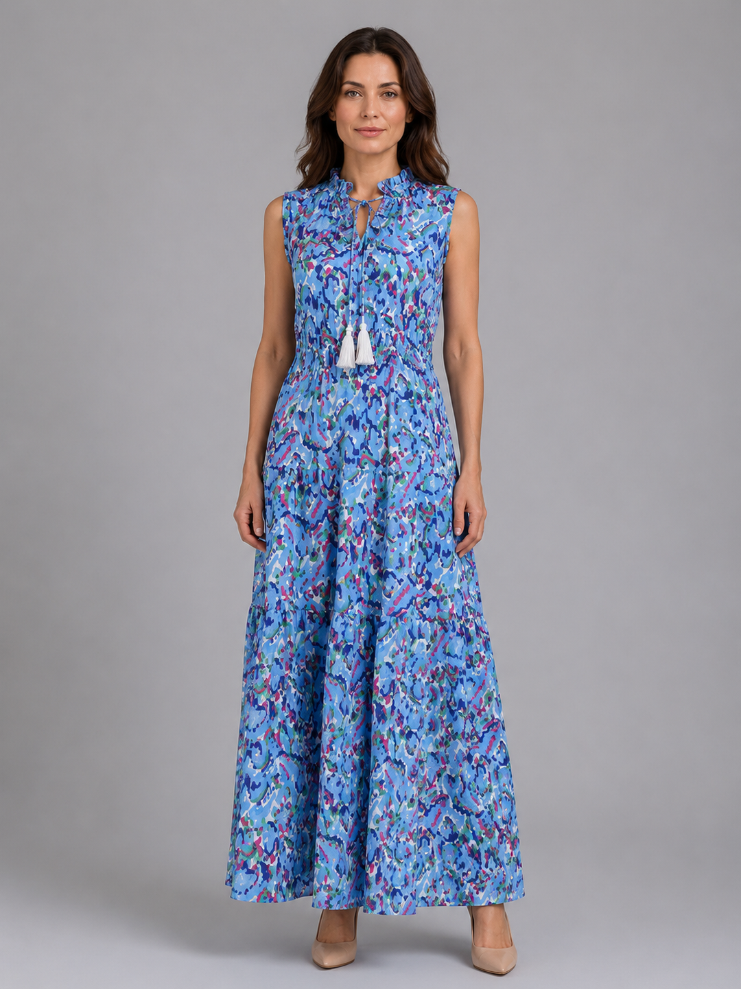 Sleeveless Floral Tiered Maxi Dress for Women – Tie Neckline with Tassels, Relaxed Fit