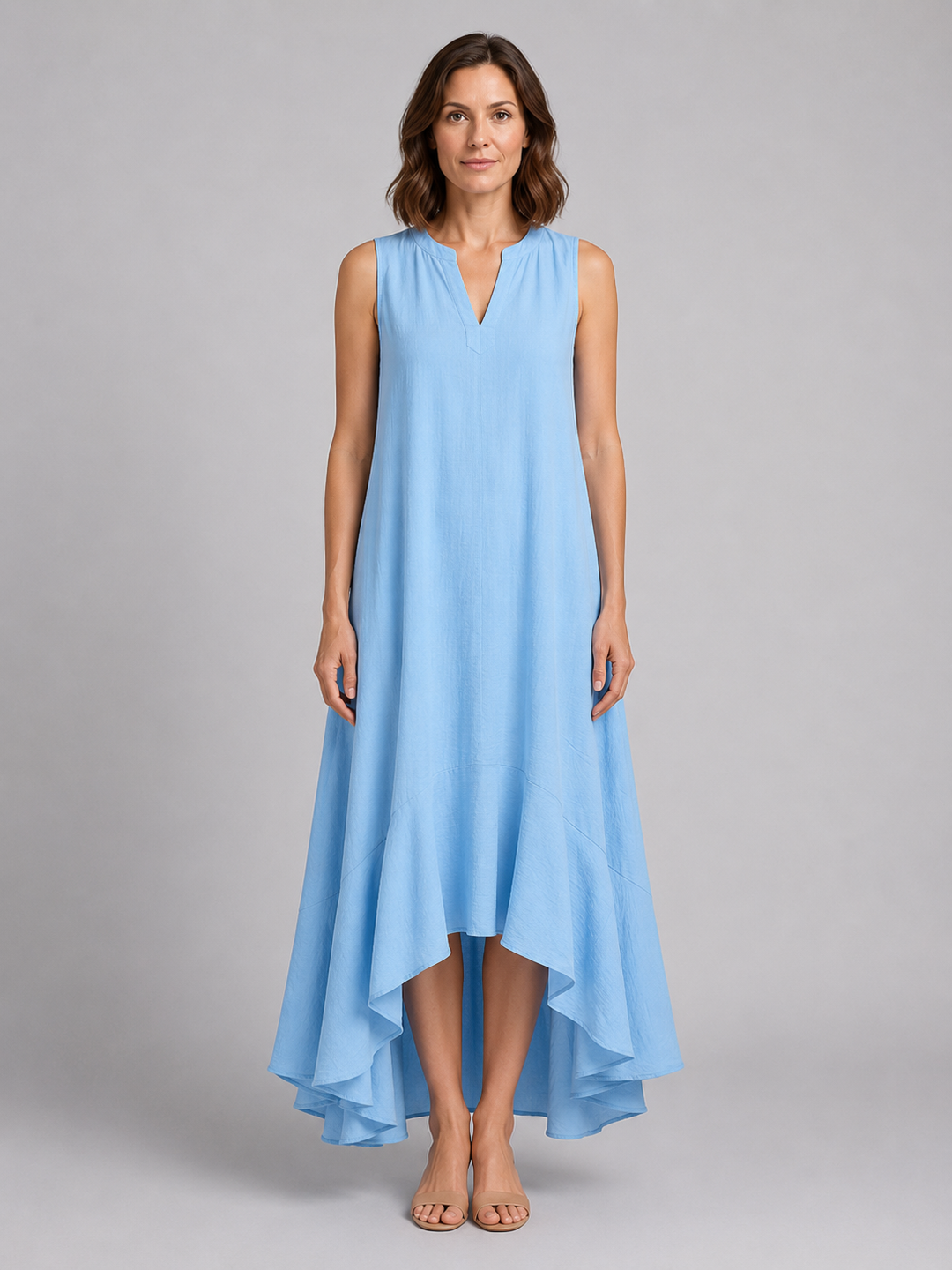 Sleeveless Handkerchief Hem Maxi Dress for Women – Notched V-Neckline, Flowing Fit