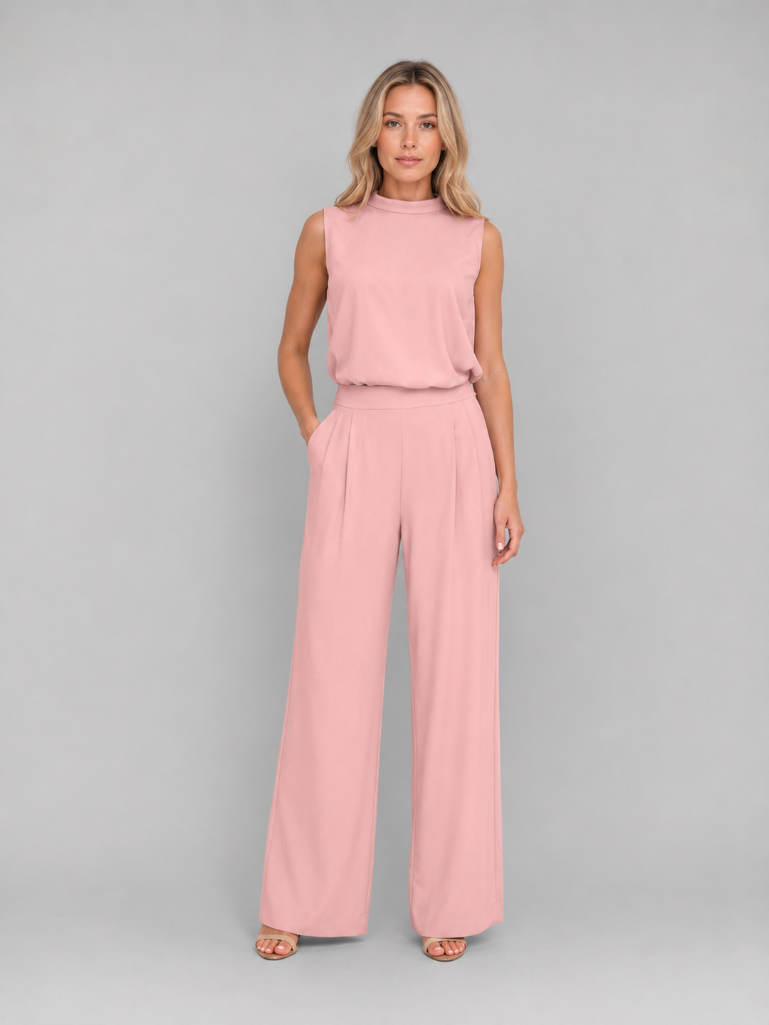 Sleeveless High-Neck Top and Wide-Leg Pants Set for Women – Blouson Fit, High-Waisted