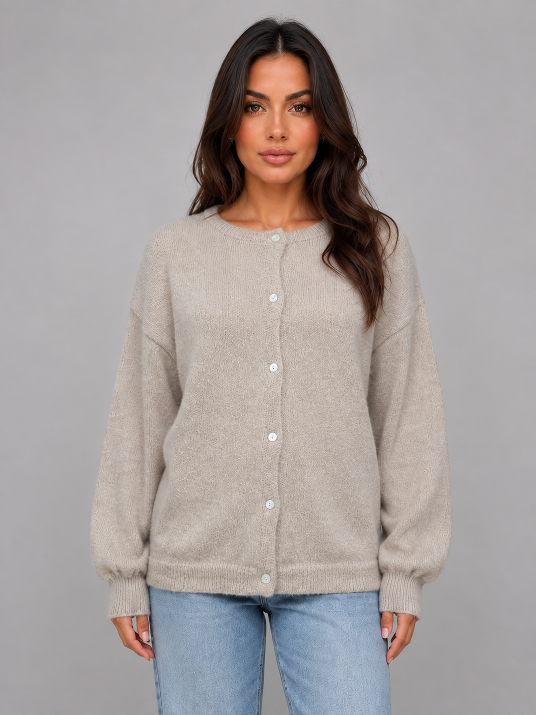 Fine Knit Button-Front Cardigan for Women – Crew Neck, Dropped Shoulders in Khaki