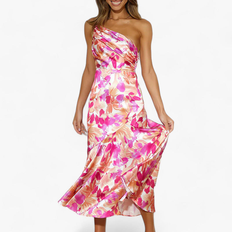 Floral Asymmetric Hem Dress for Women – All-Over Print, Skimming Silhouette