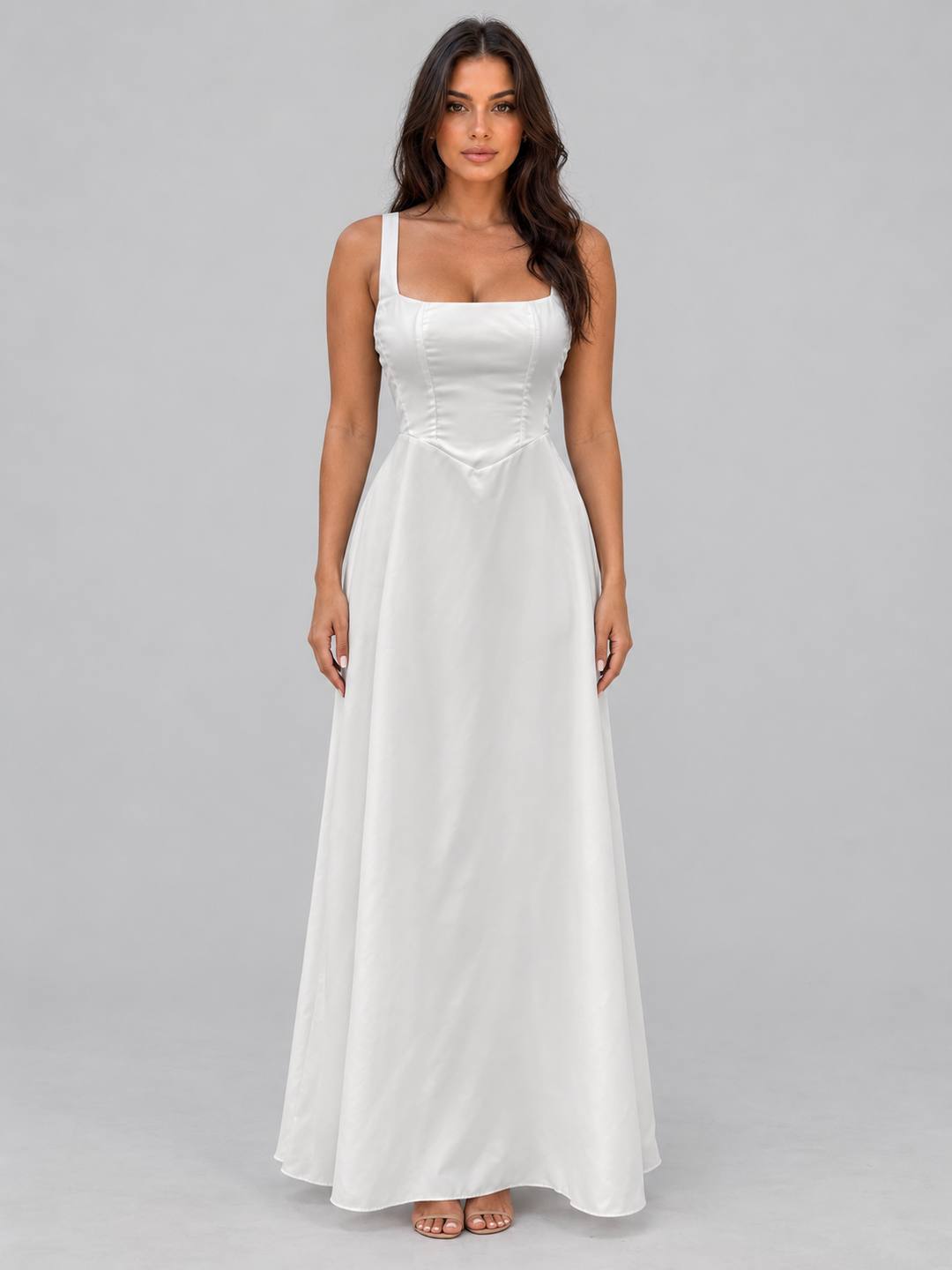 A-Line Maxi Dress for Women – Square Neckline, Princess Seams, Back Zip in Ivory