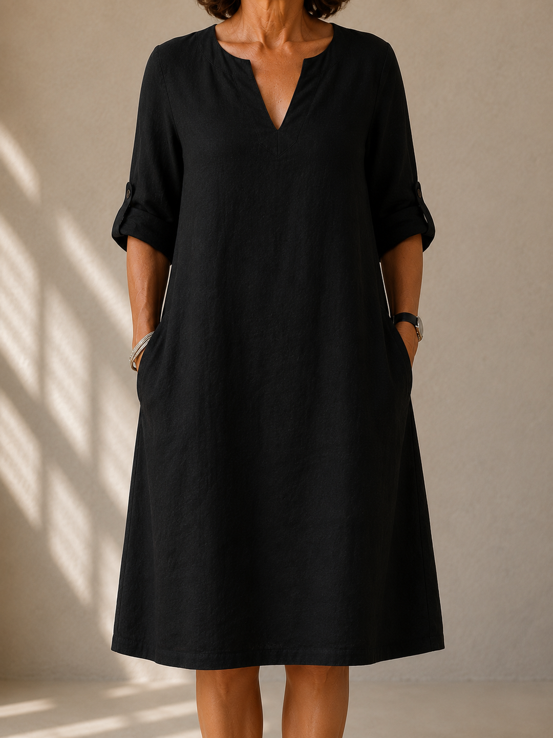 A-Line Button-Front Dress for Women – Side Pockets, Breathable Lightweight Fabric