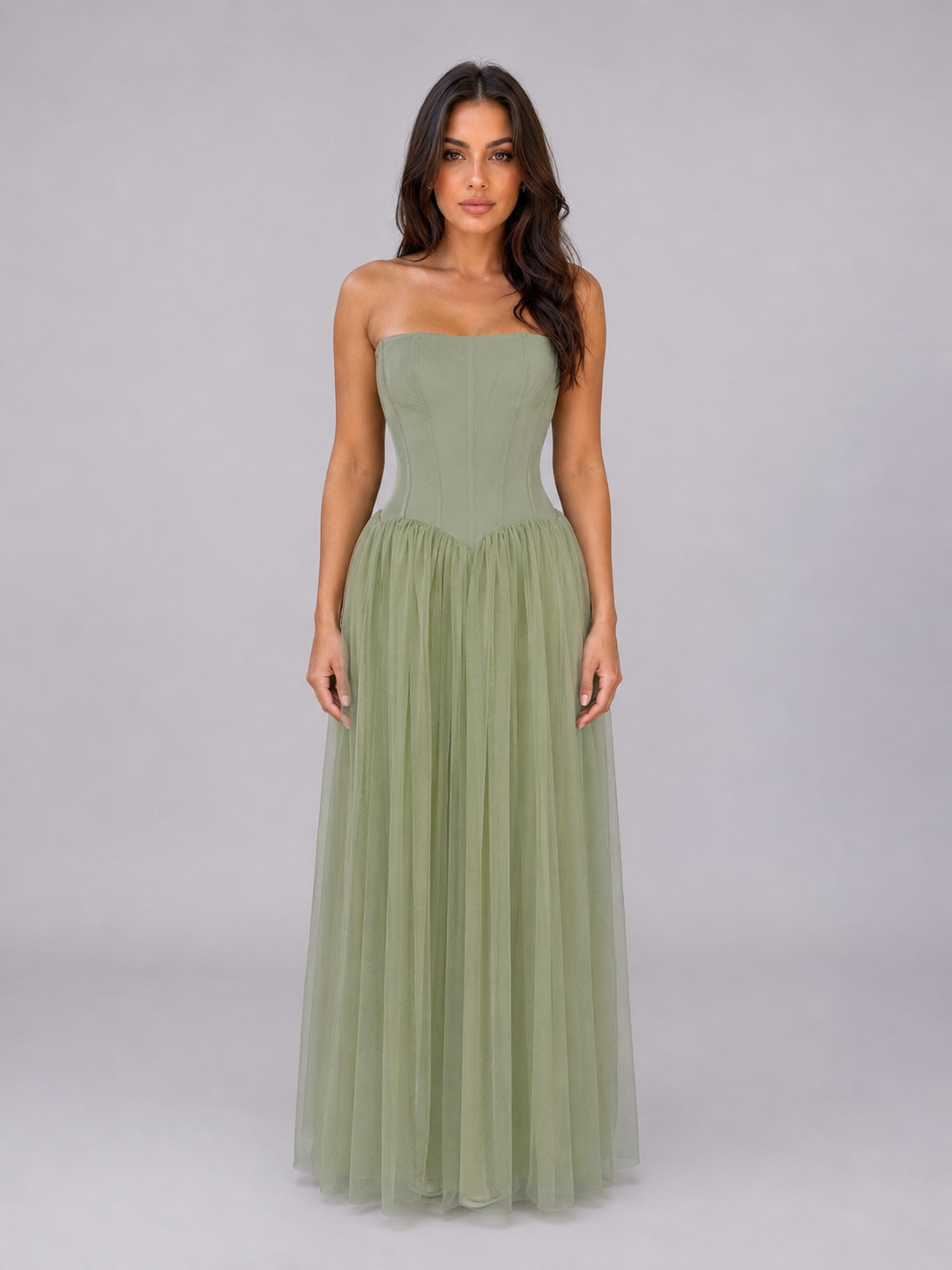 Strapless Tulle Maxi Dress for Women – Corset-Inspired Bodice, Drop Waist in Sage Green