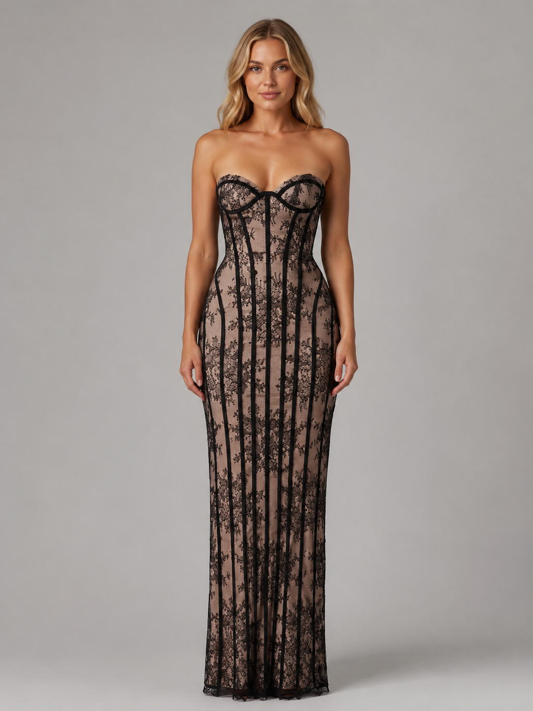 Lace Corset Maxi Dress for Women – Strapless Sweetheart Neckline, Floral Embroidery