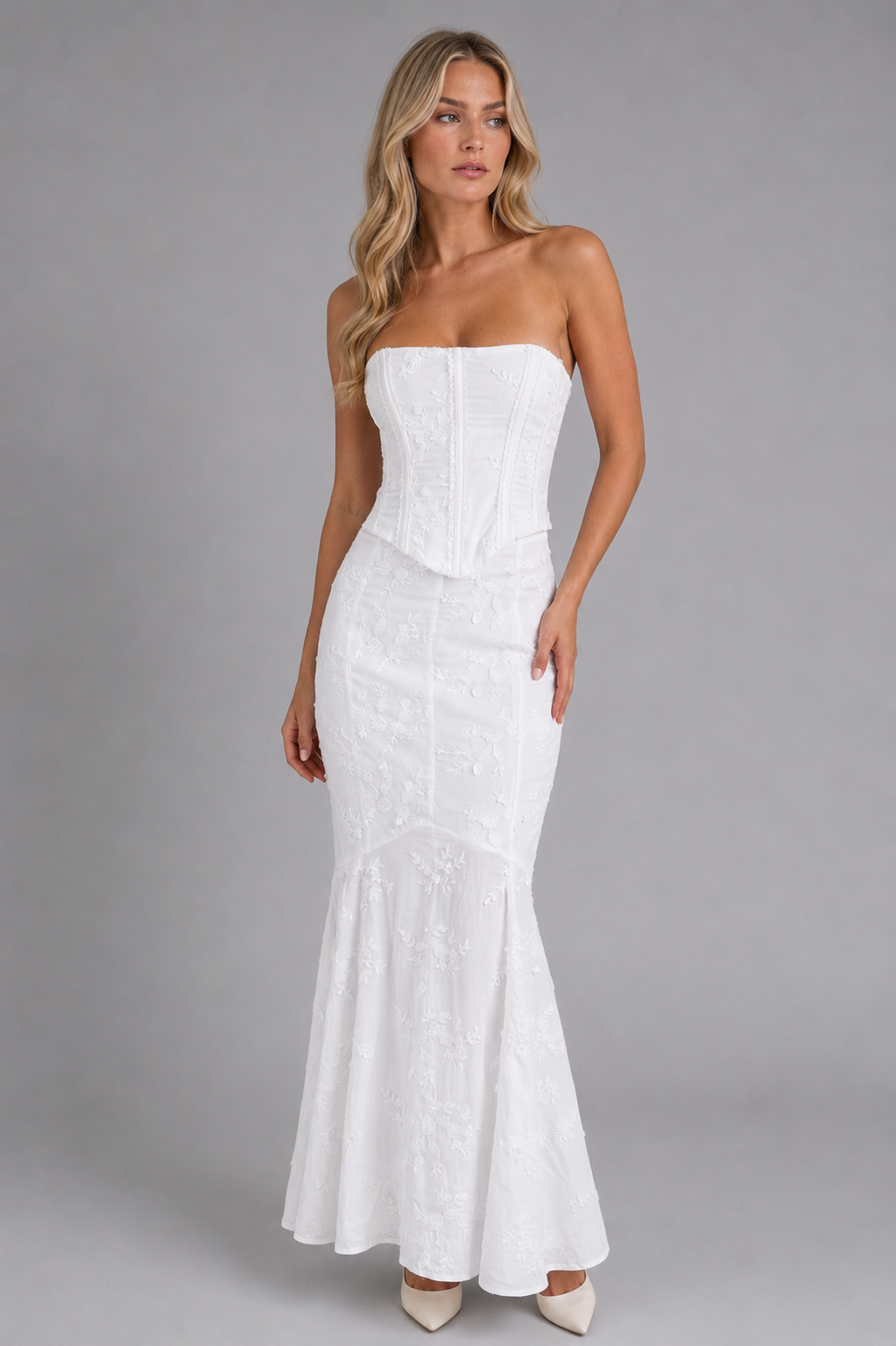 Strapless Lace Maxi Dress for Women – Corset-Inspired Bodice, Mermaid Hem in White