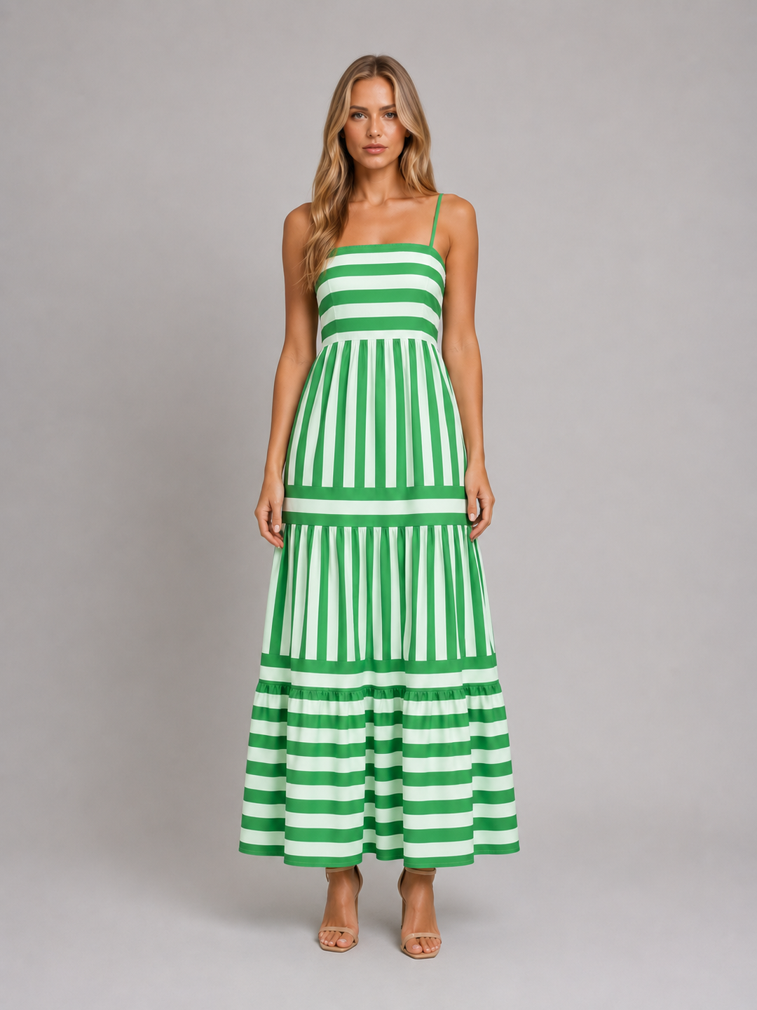Striped Tiered Maxi Dress for Women – Adjustable Straps, Relaxed Fit