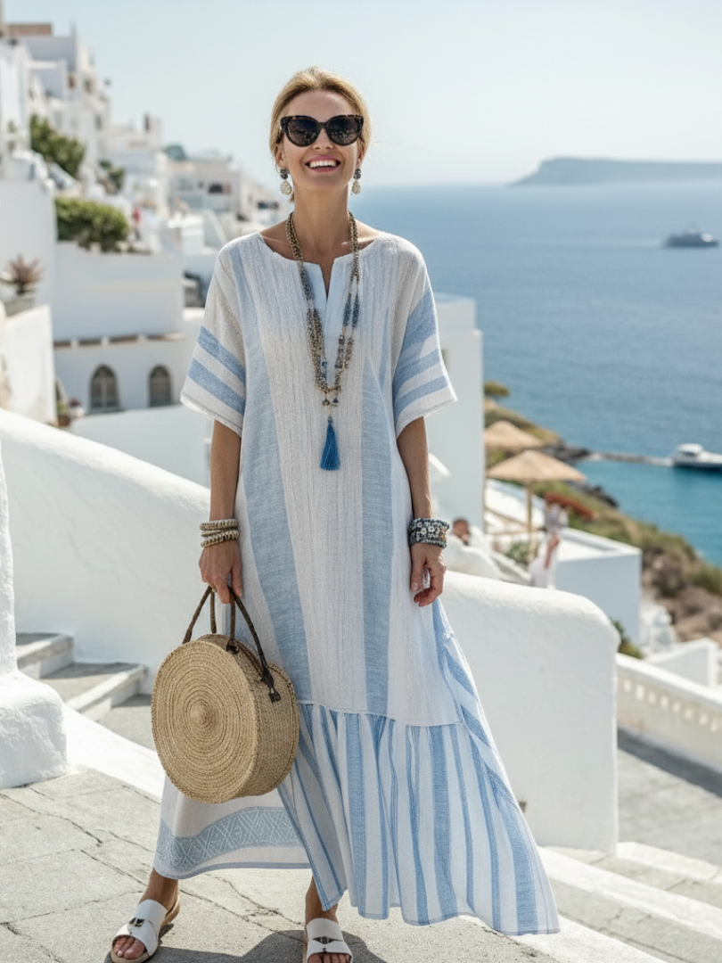 Striped Maxi Dress for Women – Skimming Silhouette, Comfortable Fit in Blue & Sky