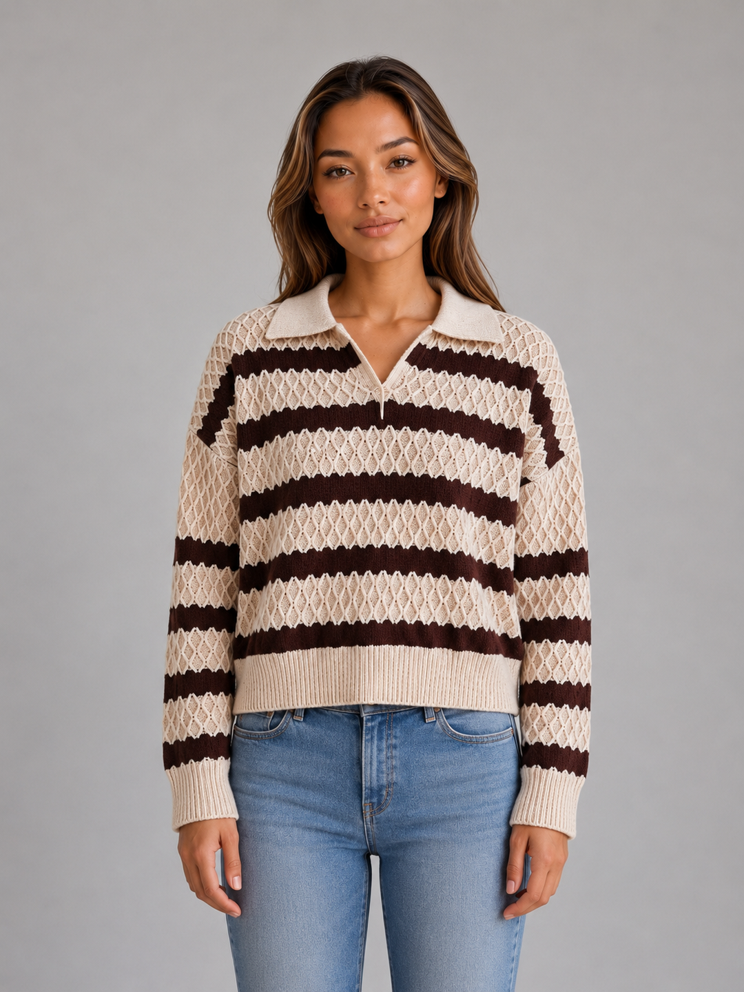 Striped Textured Knit Polo Sweater for Women – Open V-Neck Collar, Dropped Shoulders in Cream