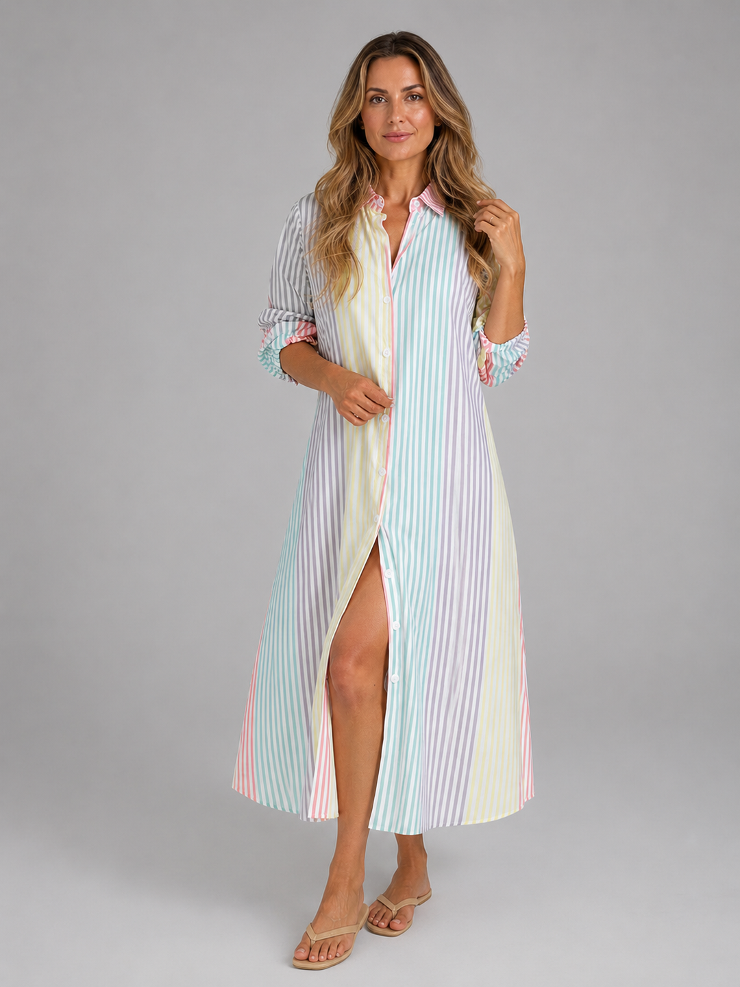 Mixed Stripe Collared Shirt Dress for Women – Full Button Front, Long Sleeves, Midi Length