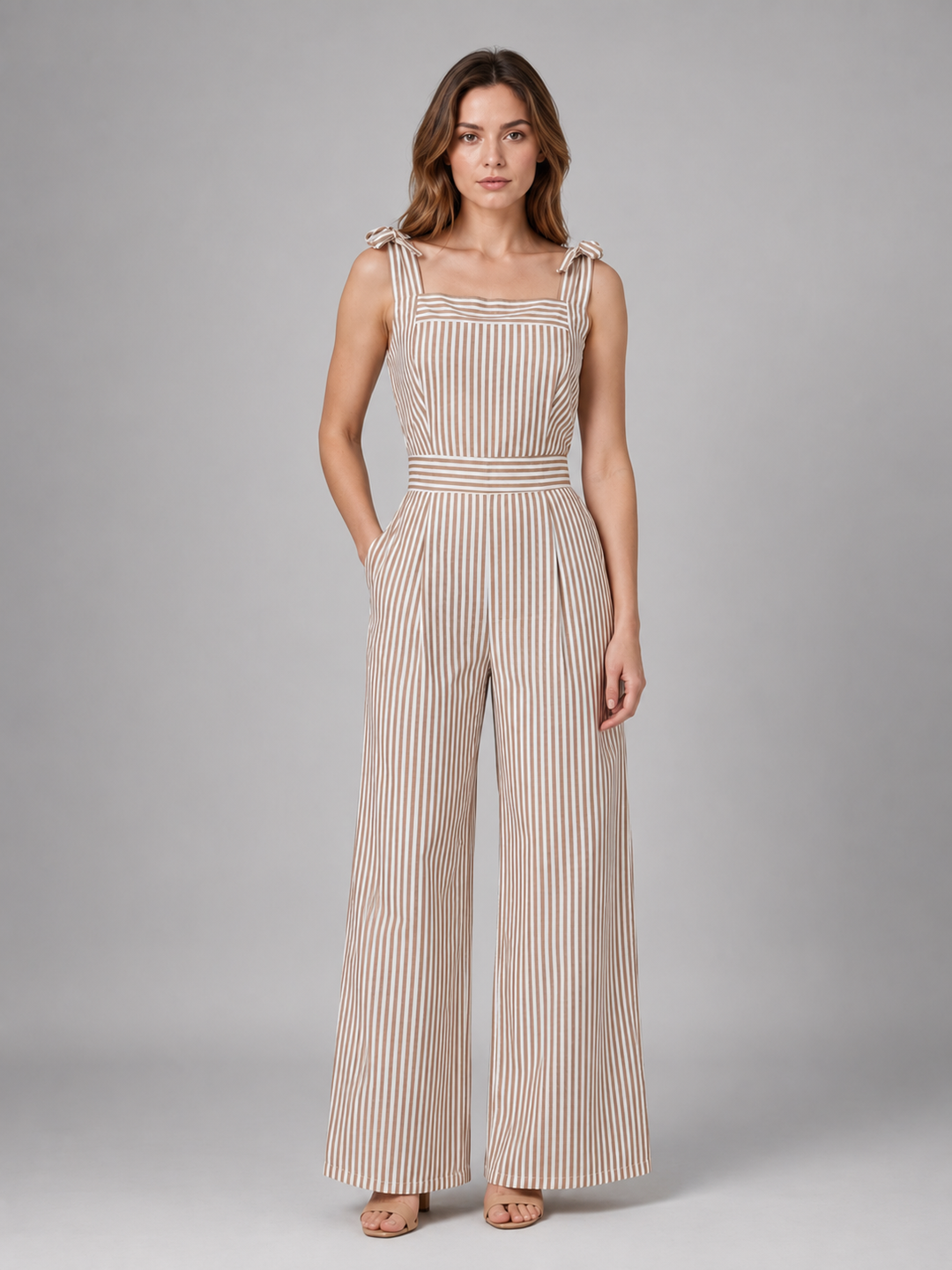 Striped Wide-Leg Jumpsuit for Women – Square Neckline, Tie Shoulder Straps in Beige
