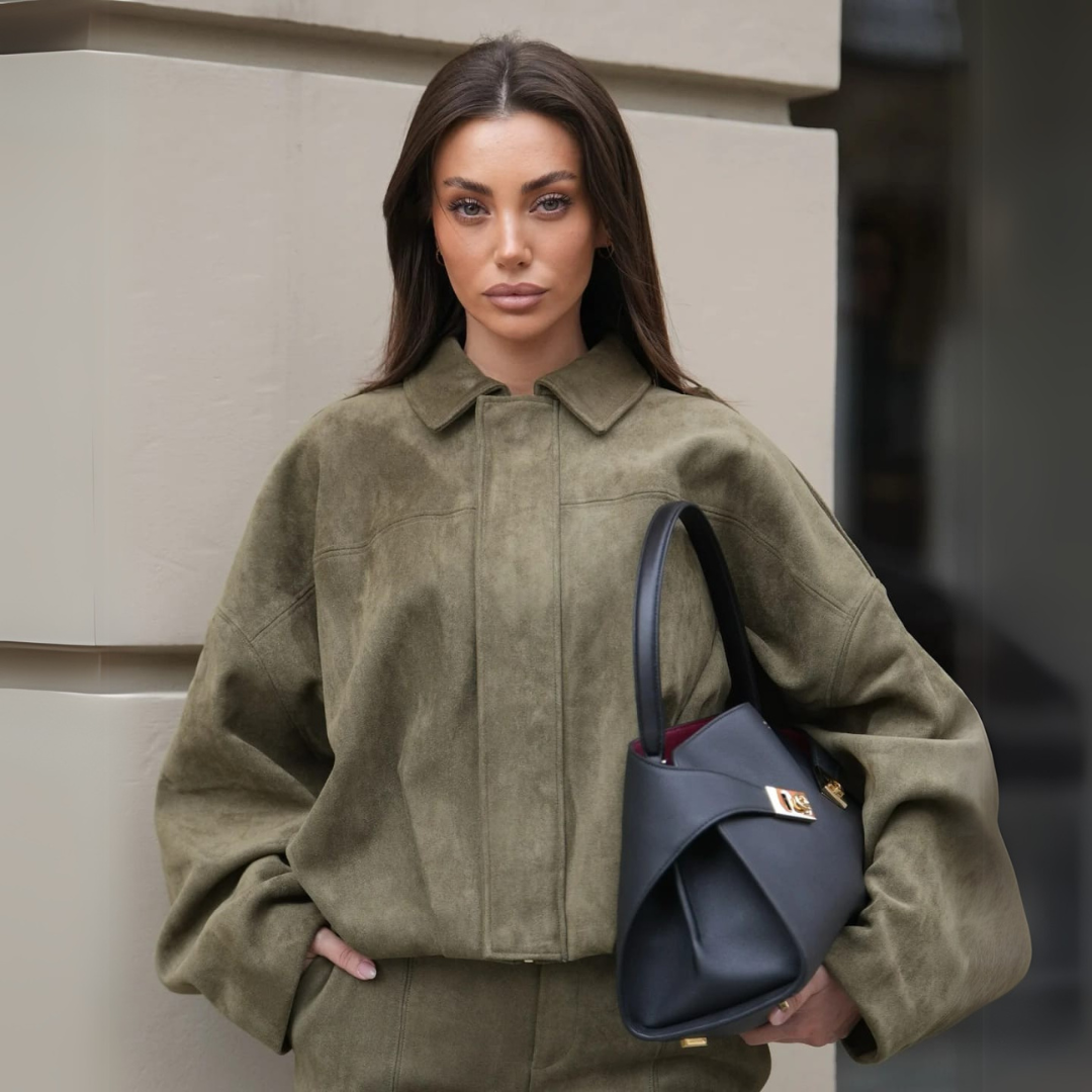 Oversized Faux Suede Jacket for Women – Structured Shoulders, Clean Front