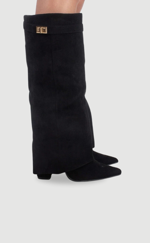 Faux Suede Fold-Over Boots for Women – Suede-Look Finish, Golden Detail