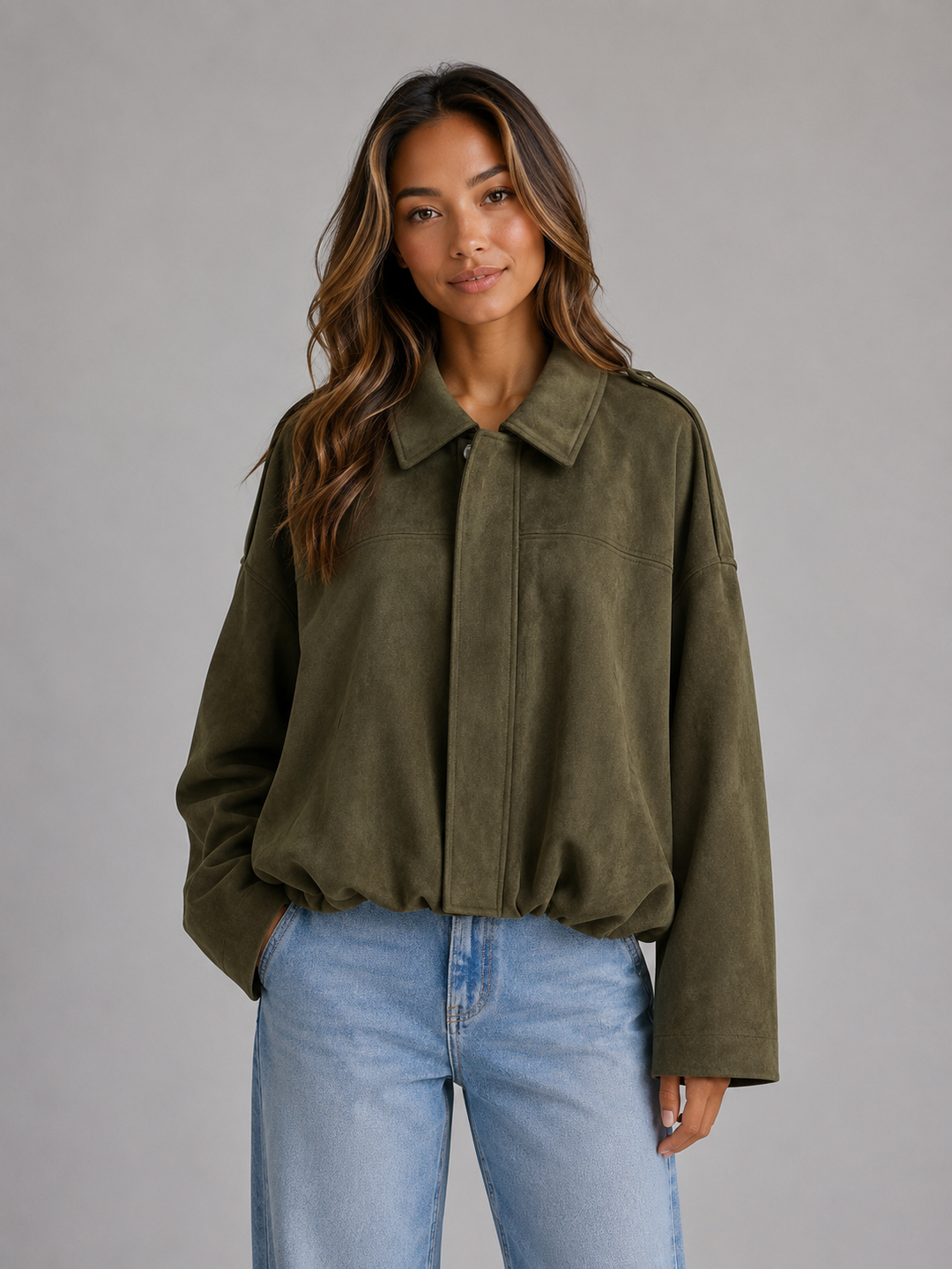 Faux Suede Bomber Jacket for Women – Oversized Fit, Turn-Down Collar, Dropped Shoulders