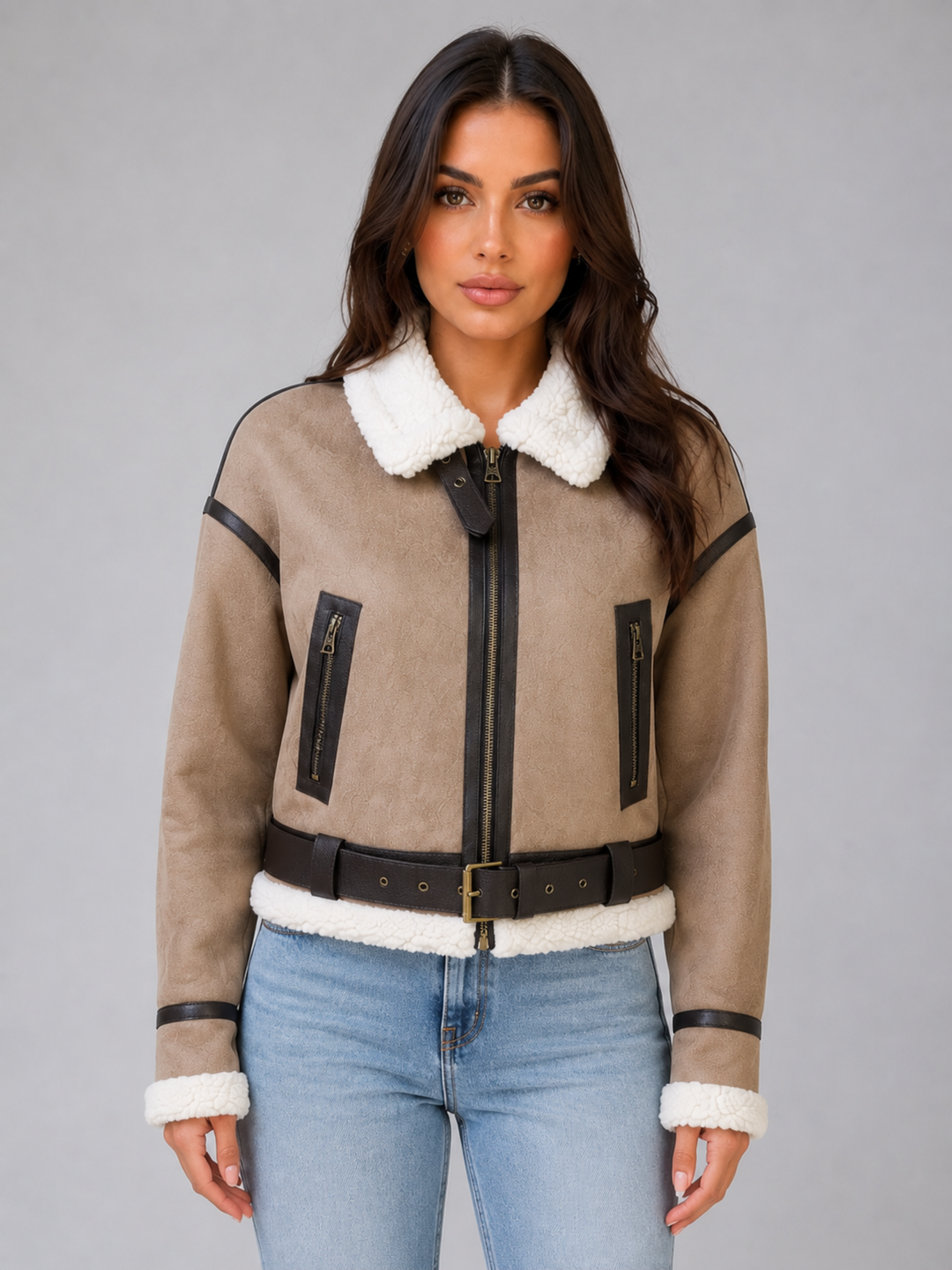 Faux Suede Cropped Aviator Jacket for Women – Teddy Collar, Buckle Belt Hem